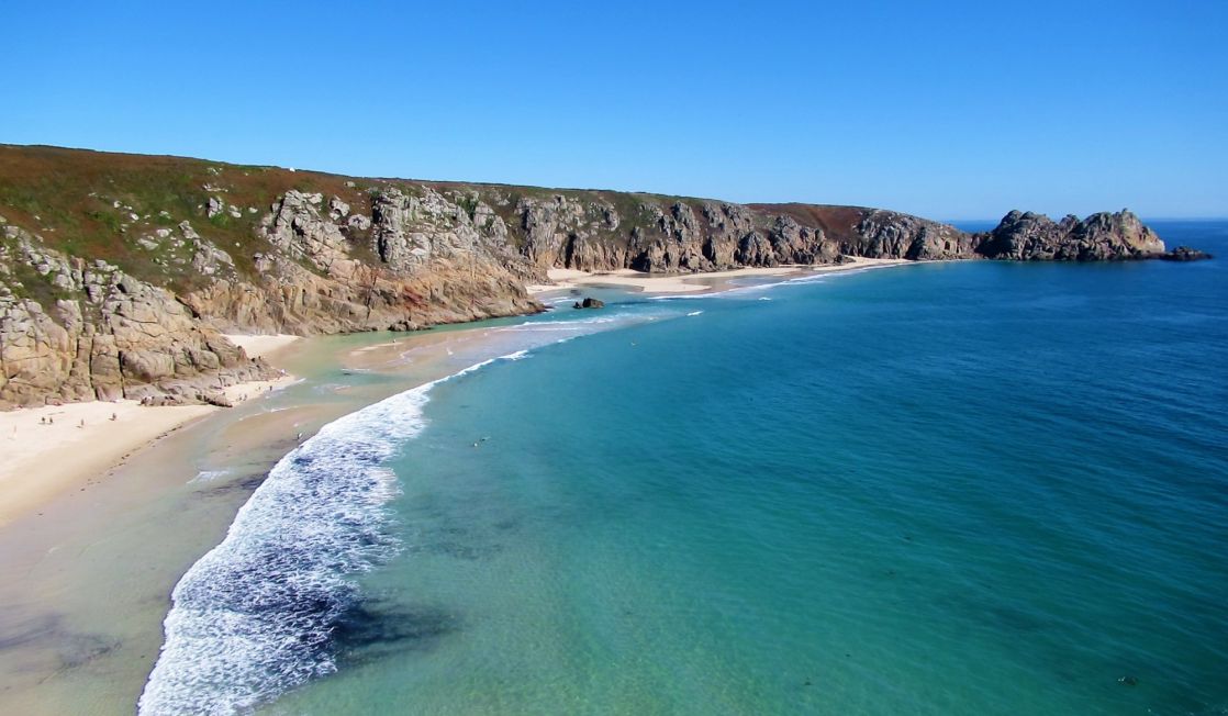 Blue seas at porthcurno beach