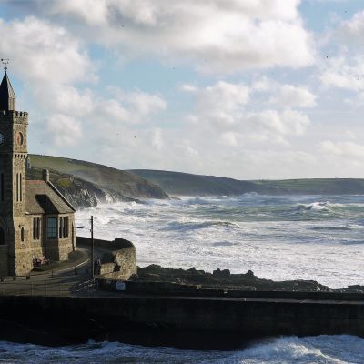 Porthleven clock tower in a storm