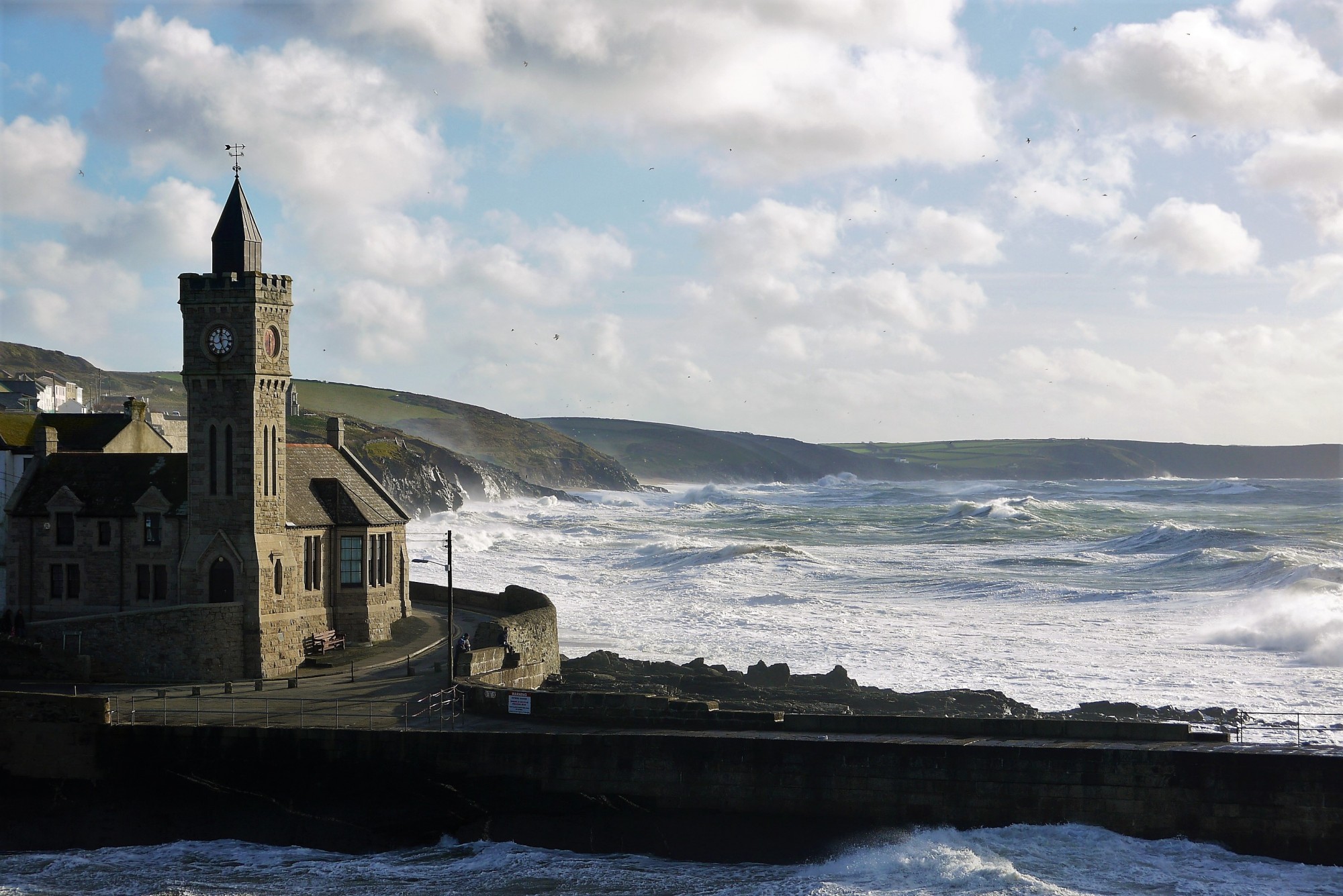 Porthleven clock tower in a storm