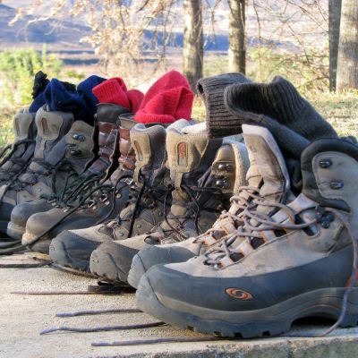 Walking boots in a row