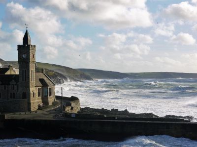 Porthleven clock tower in a storm